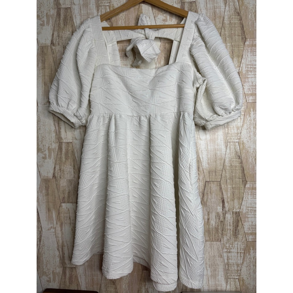 Free People White Textured Puff Sleeve Babydoll Mini Dress Square Neck M